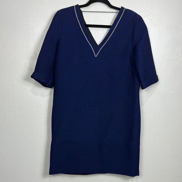 Maje Risette Metallic-Trimmed Textured V- Neck Shift Dress Size L - Picture 2 of 12